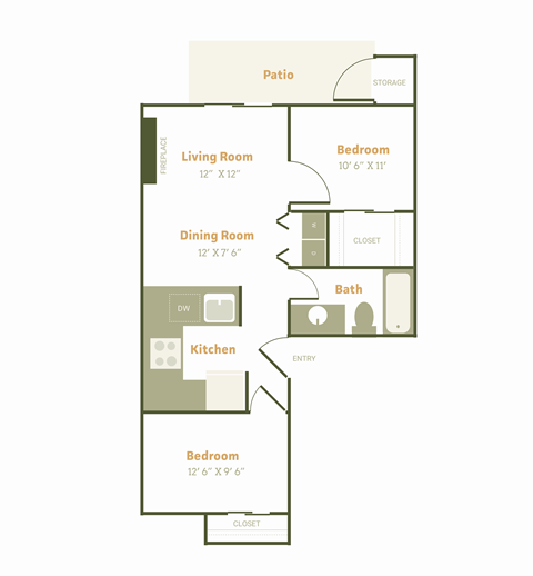 Floor plan for 2 beds, 1 bath, 880 sqft